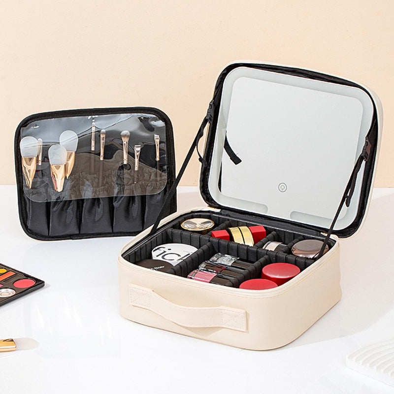 Portable LED Light Mirror Travel Makeup Bag, Large Capacity Women Cosmetic Organizer Case With Adjustable Dividers  Hand Held Travel Beauty Storage For Make Up Brushes  Cosmetics
