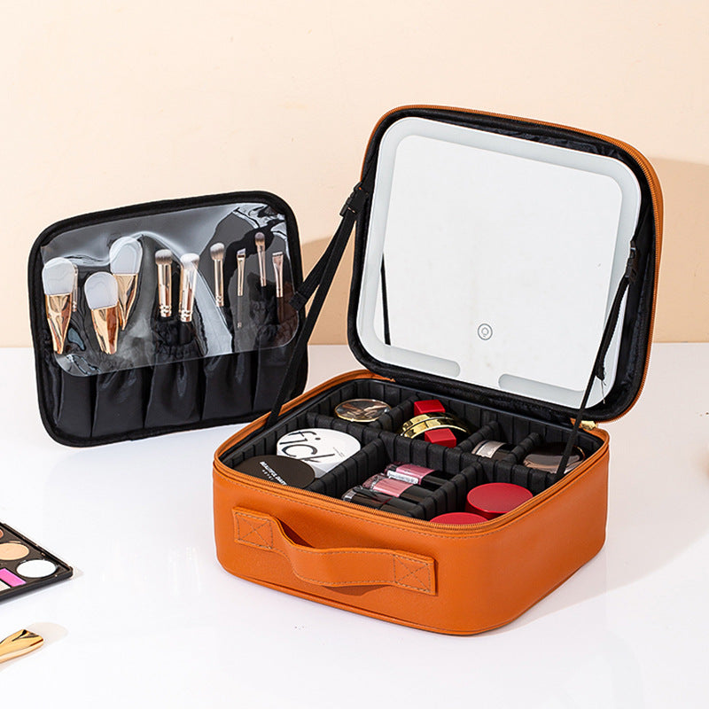 Portable LED Light Mirror Travel Makeup Bag, Large Capacity Women Cosmetic Organizer Case With Adjustable Dividers  Hand Held Travel Beauty Storage For Make Up Brushes  Cosmetics
