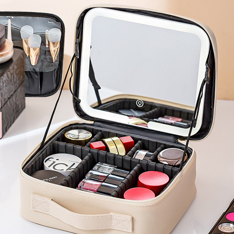 Portable LED Light Mirror Travel Makeup Bag, Large Capacity Women Cosmetic Organizer Case With Adjustable Dividers  Hand Held Travel Beauty Storage For Make Up Brushes  Cosmetics