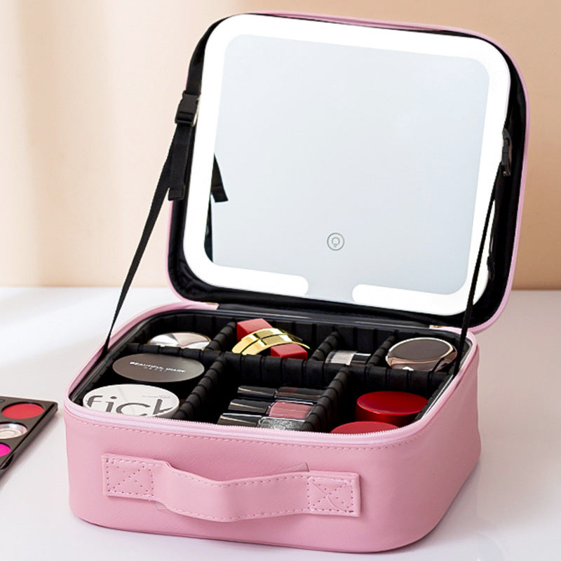 Portable LED Light Mirror Travel Makeup Bag, Large Capacity Women Cosmetic Organizer Case With Adjustable Dividers  Hand Held Travel Beauty Storage For Make Up Brushes  Cosmetics