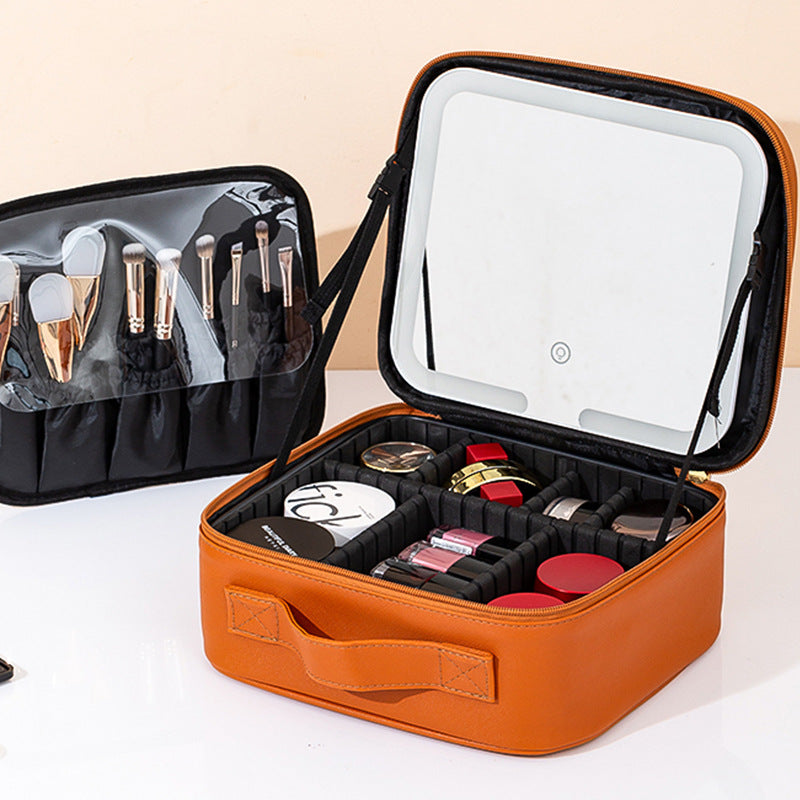 Portable LED Light Mirror Travel Makeup Bag, Large Capacity Women Cosmetic Organizer Case With Adjustable Dividers  Hand Held Travel Beauty Storage For Make Up Brushes  Cosmetics
