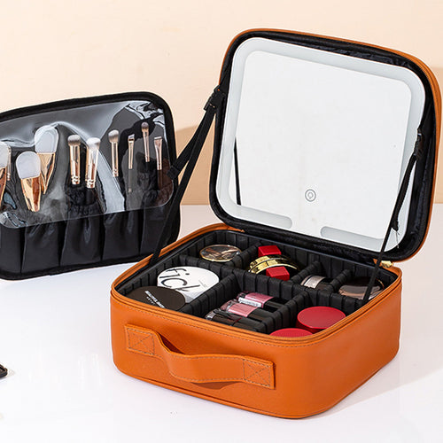 Portable LED Light Mirror Travel Makeup Bag, Large Capacity Women Cosmetic Organizer Case With Adjustable Dividers  Hand Held Travel Beauty Storage For Make Up Brushes  Cosmetics