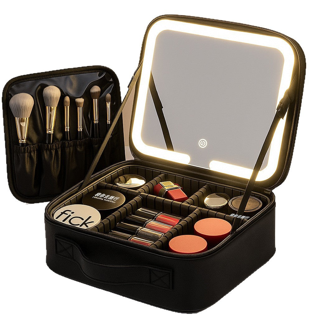 Portable LED Light Mirror Travel Makeup Bag, Large Capacity Women Cosmetic Organizer Case With Adjustable Dividers  Hand Held Travel Beauty Storage For Make Up Brushes  Cosmetics
