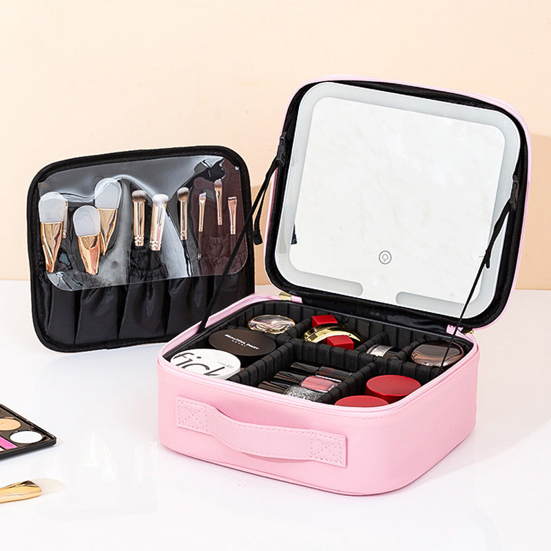 Portable LED Light Mirror Travel Makeup Bag, Large Capacity Women Cosmetic Organizer Case With Adjustable Dividers  Hand Held Travel Beauty Storage For Make Up Brushes  Cosmetics