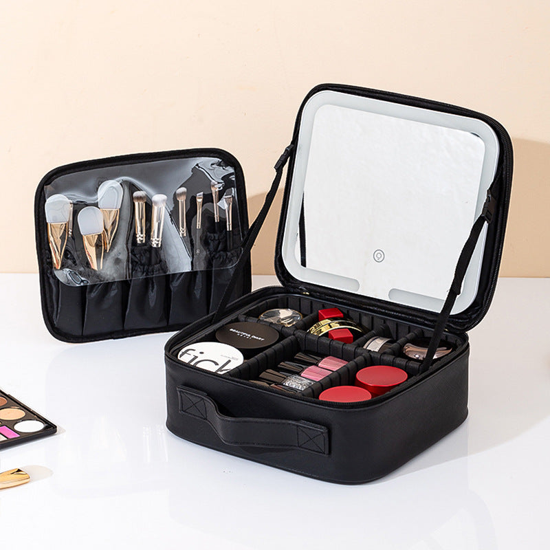 Portable LED Light Mirror Travel Makeup Bag, Large Capacity Women Cosmetic Organizer Case With Adjustable Dividers  Hand Held Travel Beauty Storage For Make Up Brushes  Cosmetics